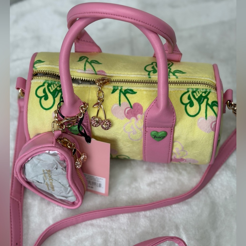 Juicy Couture Retro Juicy Cherry hearts Mini Barrel Crossbody Bag yellow iris